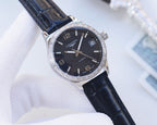 Longines wristwatch with black dial, silver bezel, dark leather strap