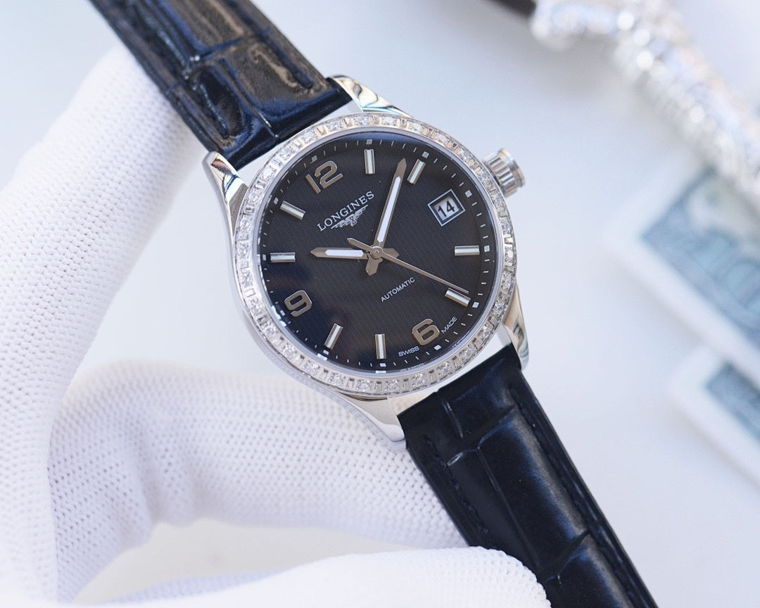 Longines wristwatch with black dial, silver bezel, dark leather strap