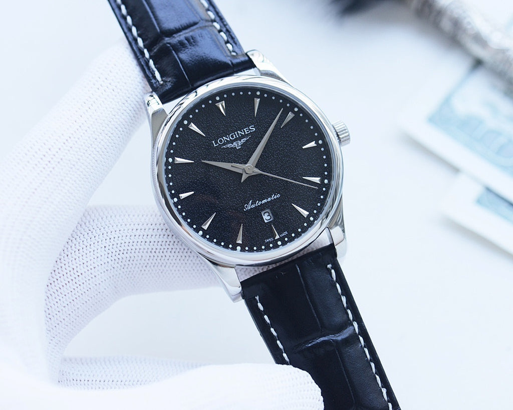 Longines wristwatch with dark blue/black dial, silver case, blue leather strap