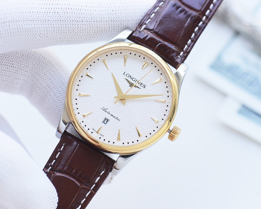Longines wristwatch with white dial, gold case, brown leather strap