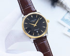 Longines wristwatch with dark dial, gold case, brown leather strap
