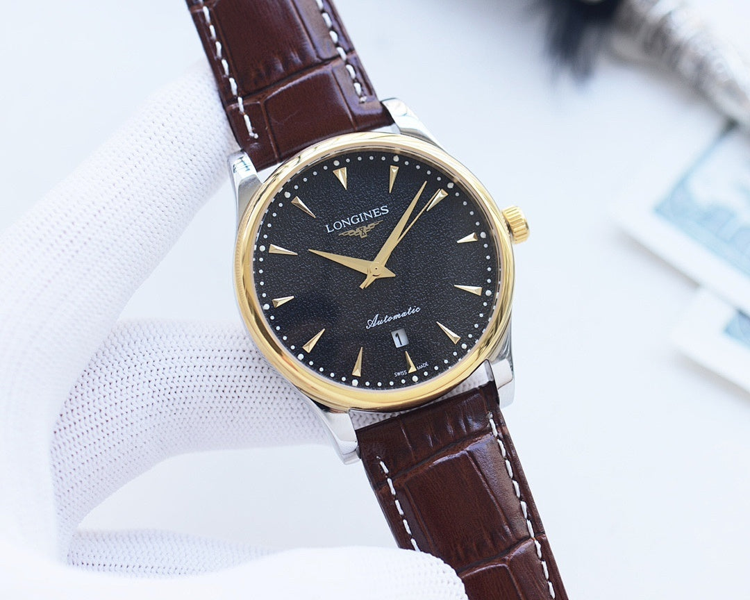 Longines wristwatch with dark dial, gold case, brown leather strap