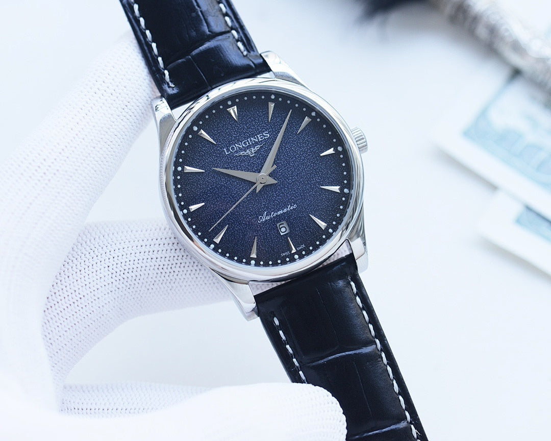 Longines wristwatch with dark dial, silver case, blue leather strap