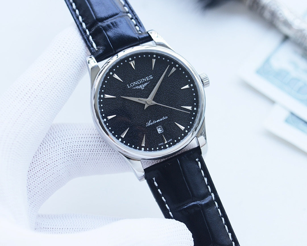 Longines wristwatch with dark blue dial, silver case, blue leather strap