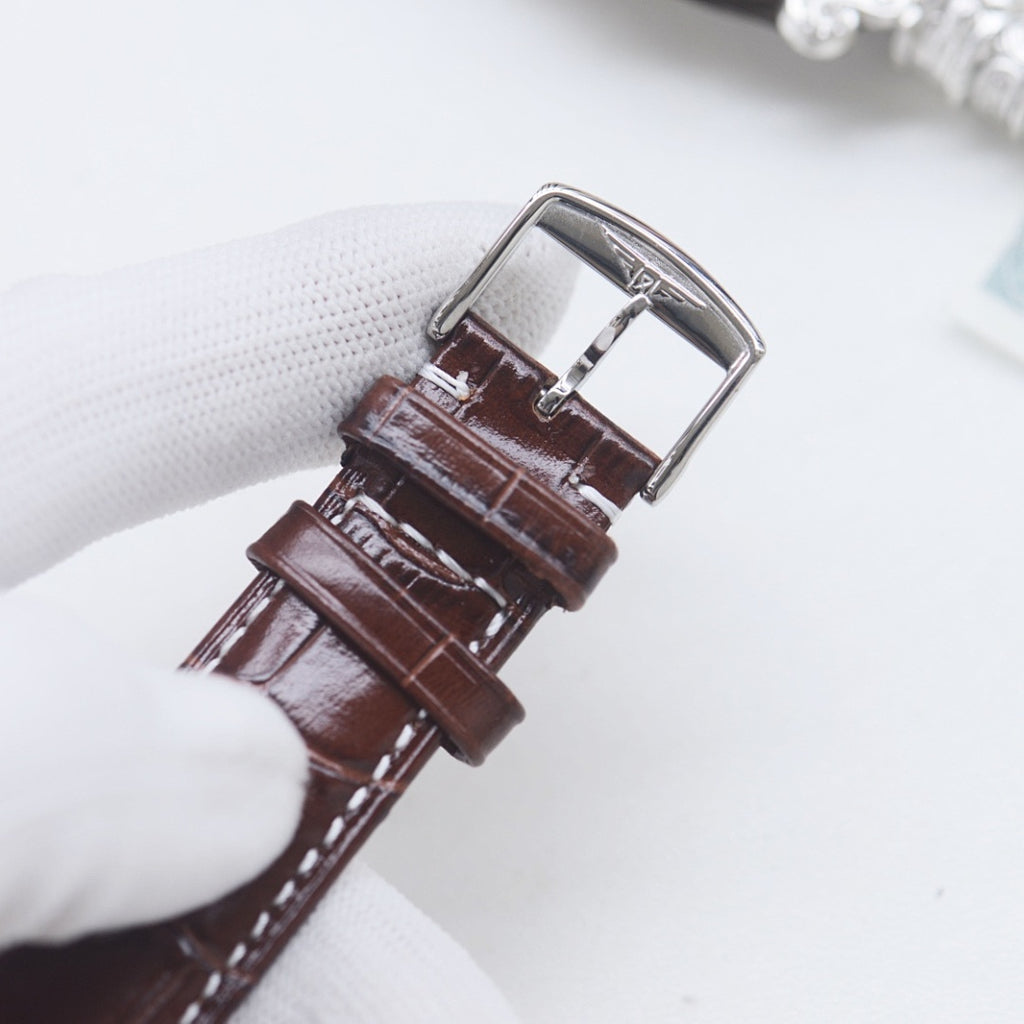 Longines watch leather strap and metal buckle, brown croc-texture