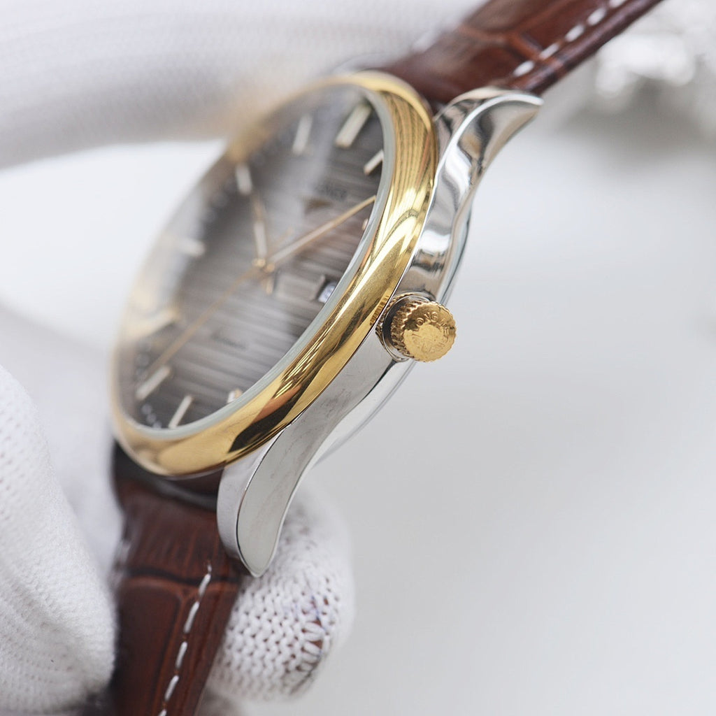 Longines watch side view, gold crown, brown leather strap with stitch detailing