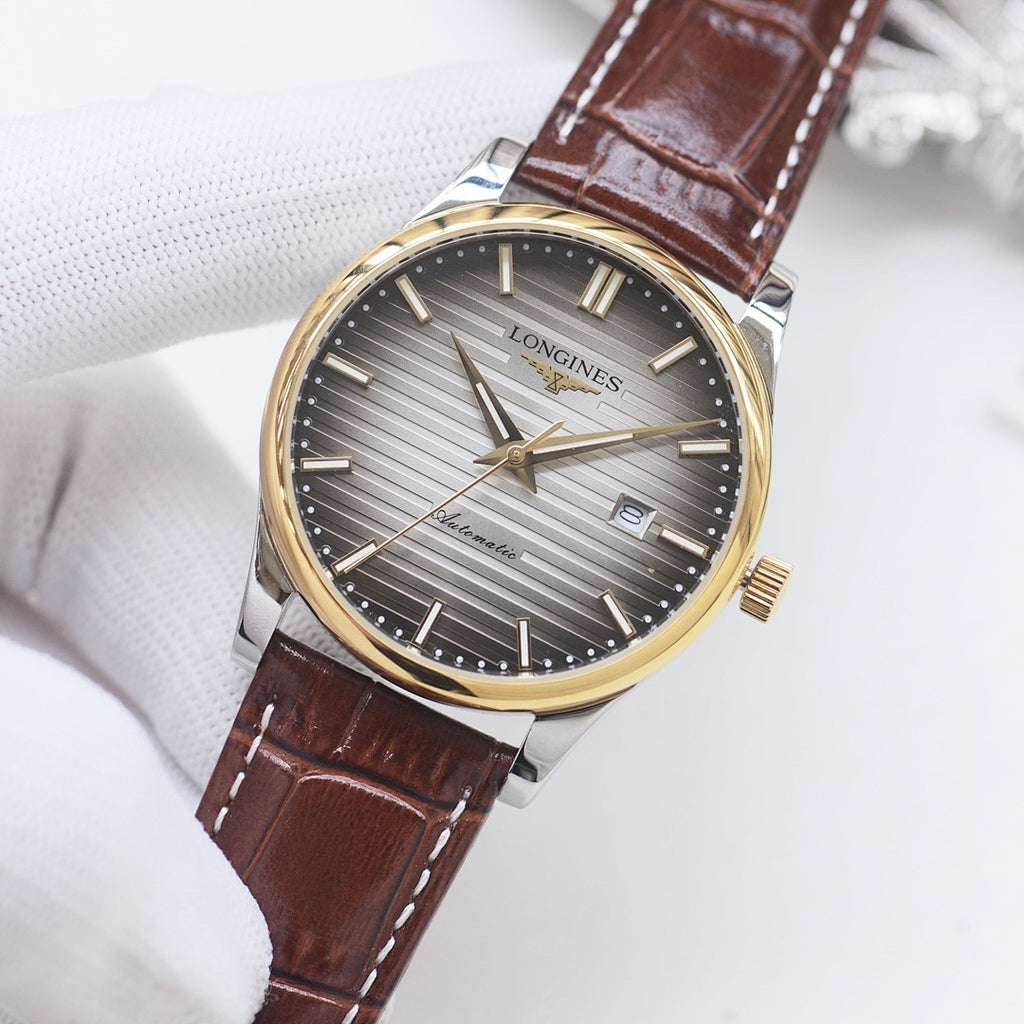 Longines watch with gold accents, gray dial, brown leather strap, baton markers