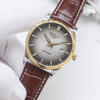 Longines watch with gold accents, gray dial, brown leather strap, baton markers