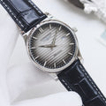 Longines watch, silver case, dark gray dial, dark leather strap, date window