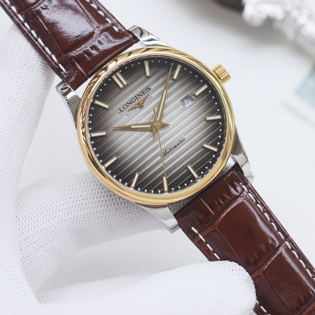 Longines watch with gold-tone bezel, gray dial, brown leather strap, baton markers