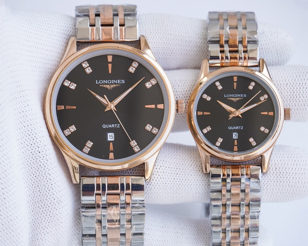 Quartz watch set with dark dials, rose-gold bezels, and silver bracelets