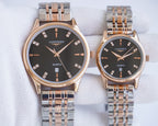Quartz watch set with dark dials, rose-gold bezels, and silver bracelets