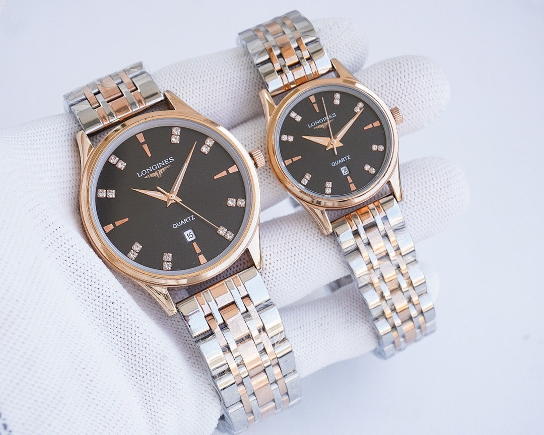 Quartz wristwatch set with dark dials and rose-gold bezels, silver bracelets