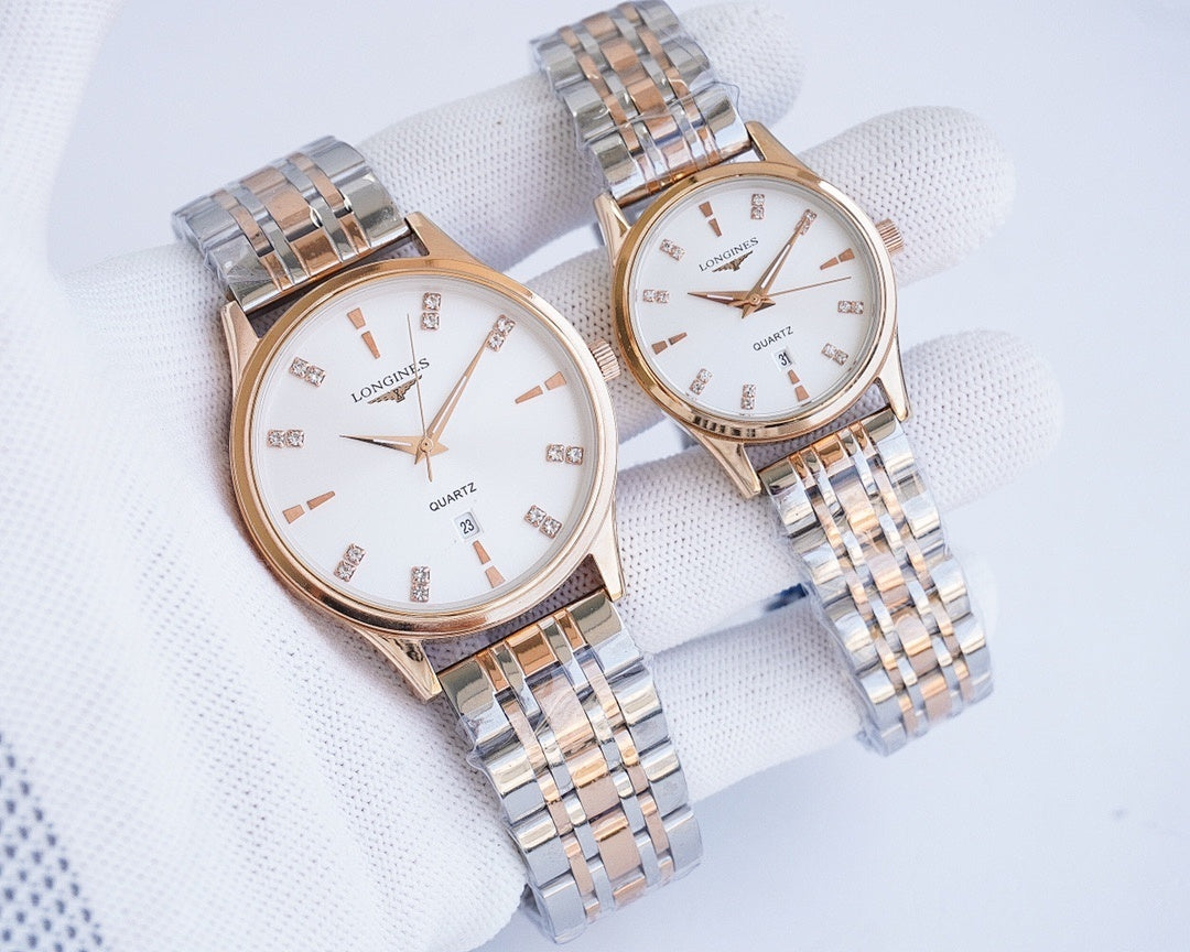 Quartz wristwatch set with white dials and rose-gold metal details