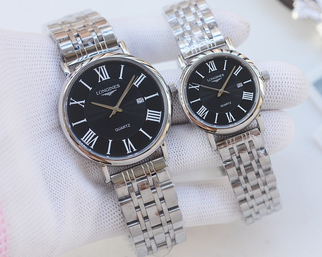 Longines wristwatches with silver metal bracelet and dark dials, Roman numeral markers