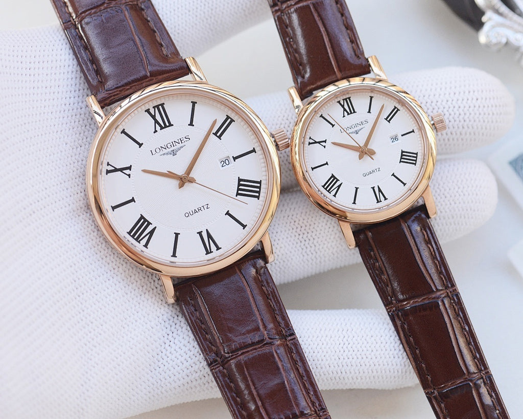Longines wristwatches with brown leather straps and white dials, Roman numeral markers