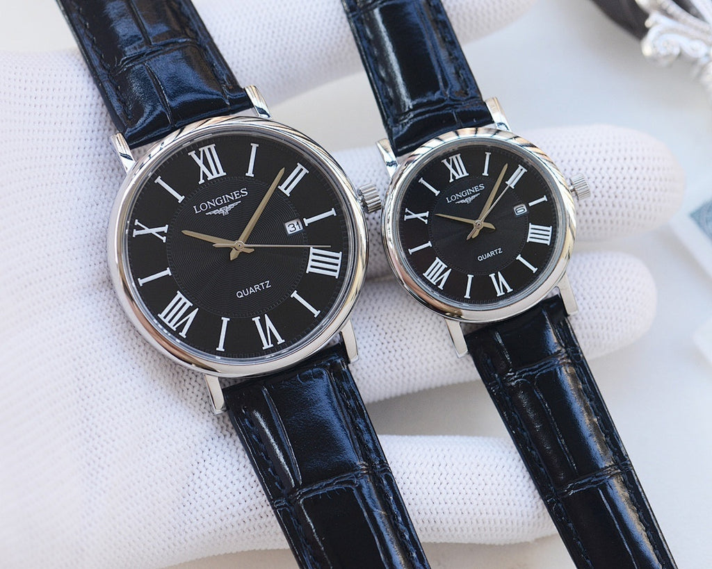 Longines wristwatches with black leather straps and dark dials, Roman numeral markers
