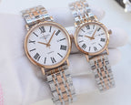 Longines wristwatches with rose-gold cases, silver metal bracelets, and white dials