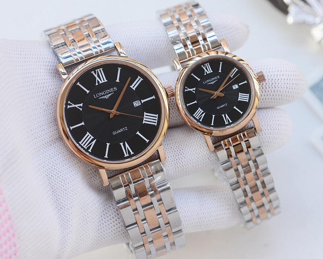 Longines wristwatches with rose-gold cases, silver metal bracelets, and dark dials