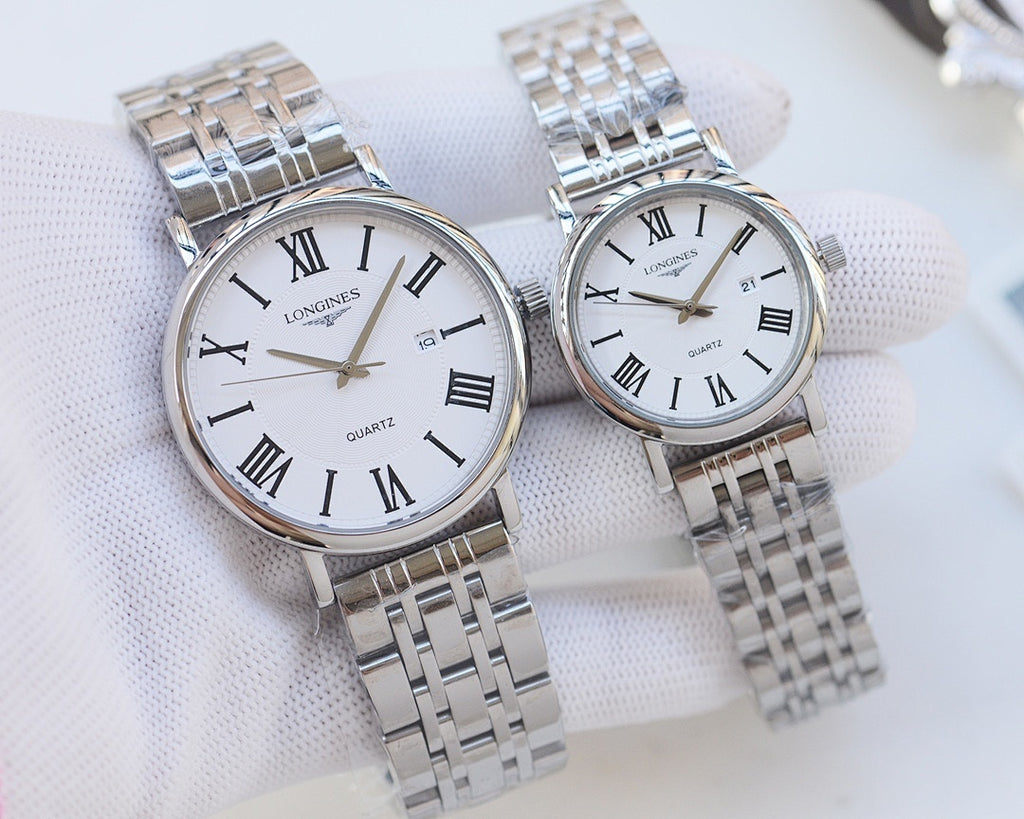 Longines wristwatches with silver metal bracelets and white dials, Roman numeral markers