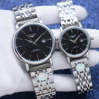 Longines pair of wristwatches with black dials and silver metal link bracelets