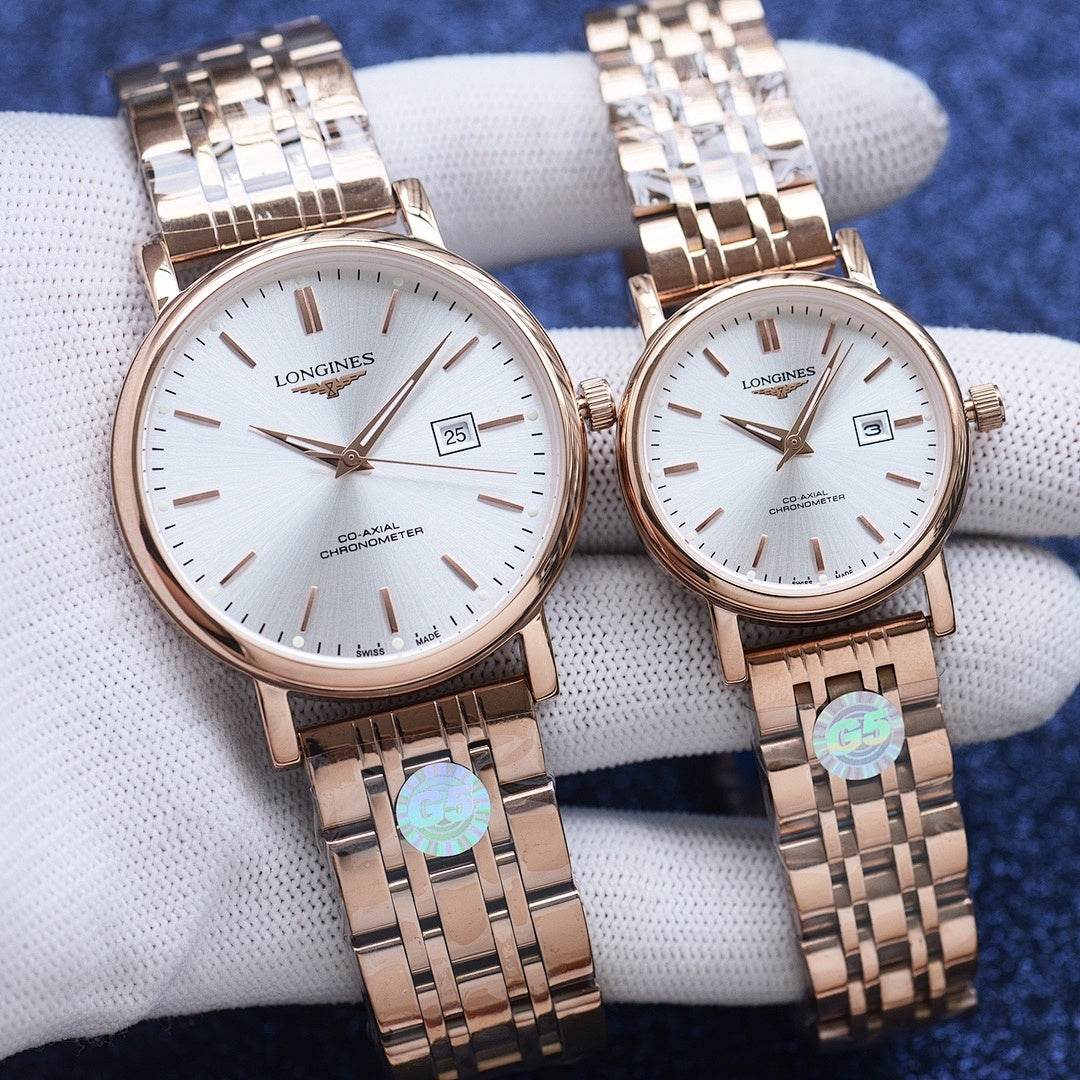 Longines pair of wristwatches with white dials and rose-gold tone metal link bracelets