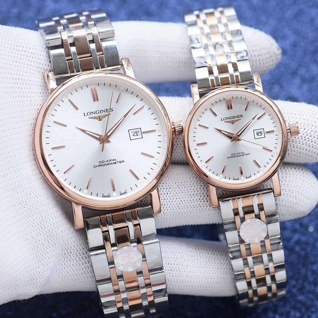 Longines pair of wristwatches with white dials, rose gold accents, and silver bracelets