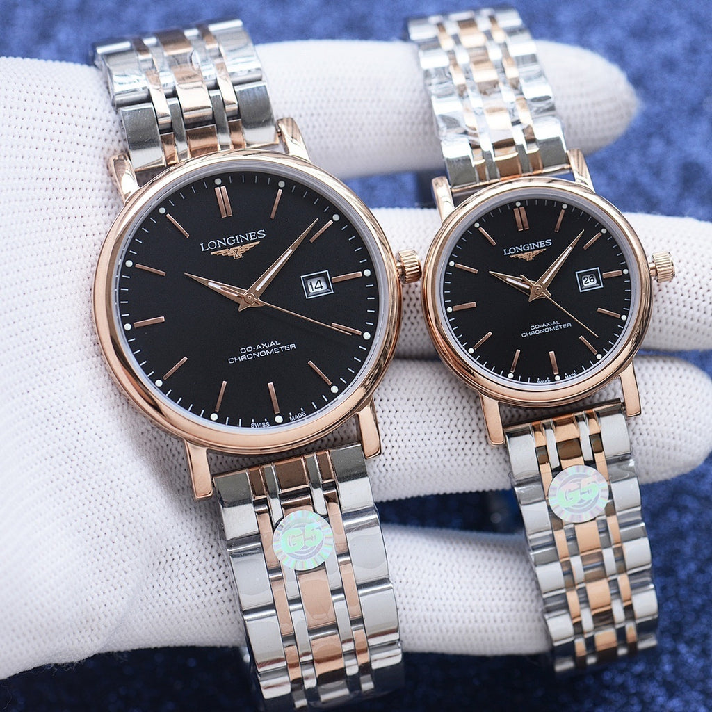 Longines pair of wristwatches with black dials and silver bracelets with rose-gold cases