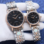 Longines pair of wristwatches with black dials and silver bracelets with rose-gold cases