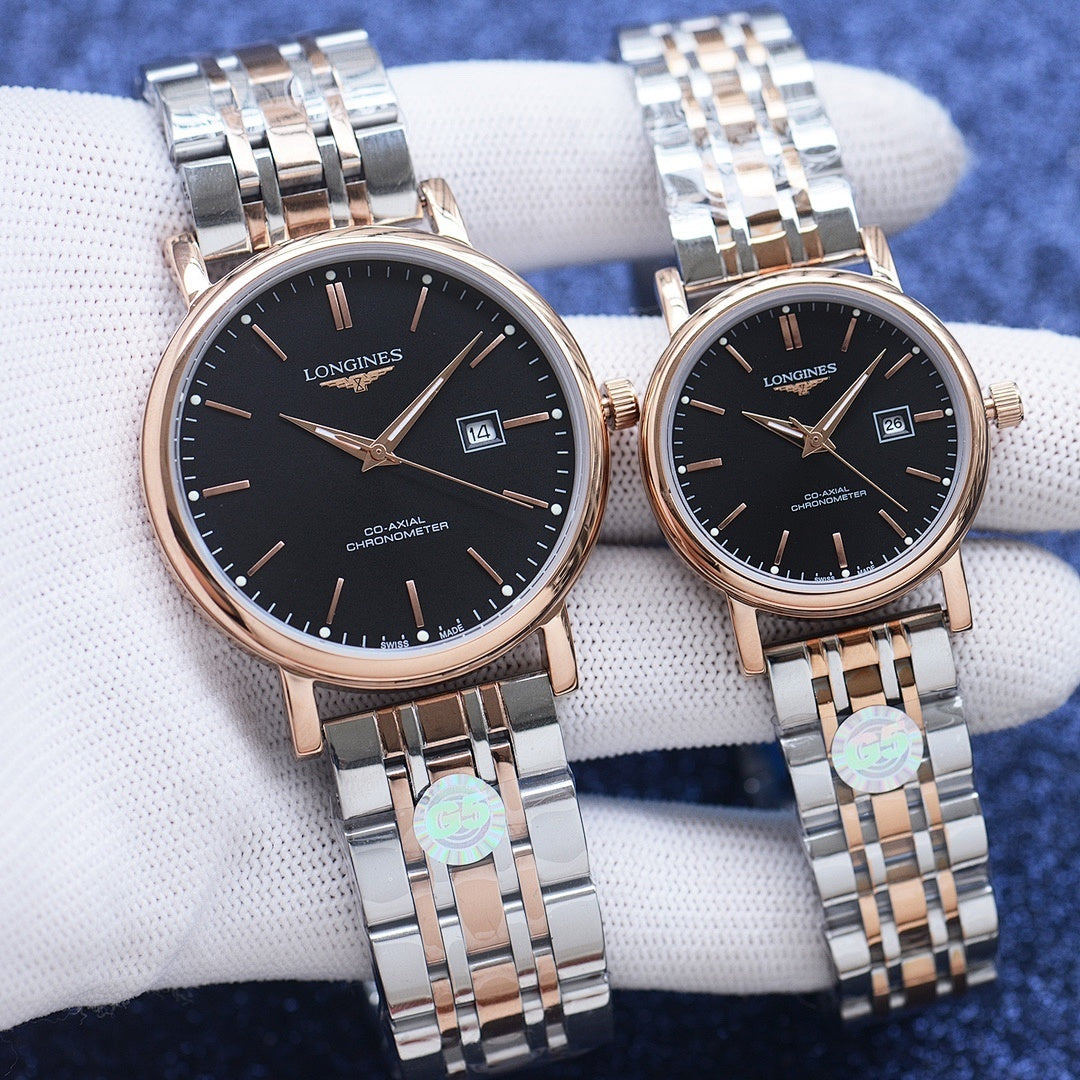 Longines pair of wristwatches with black dials and silver bracelets with rose-gold cases