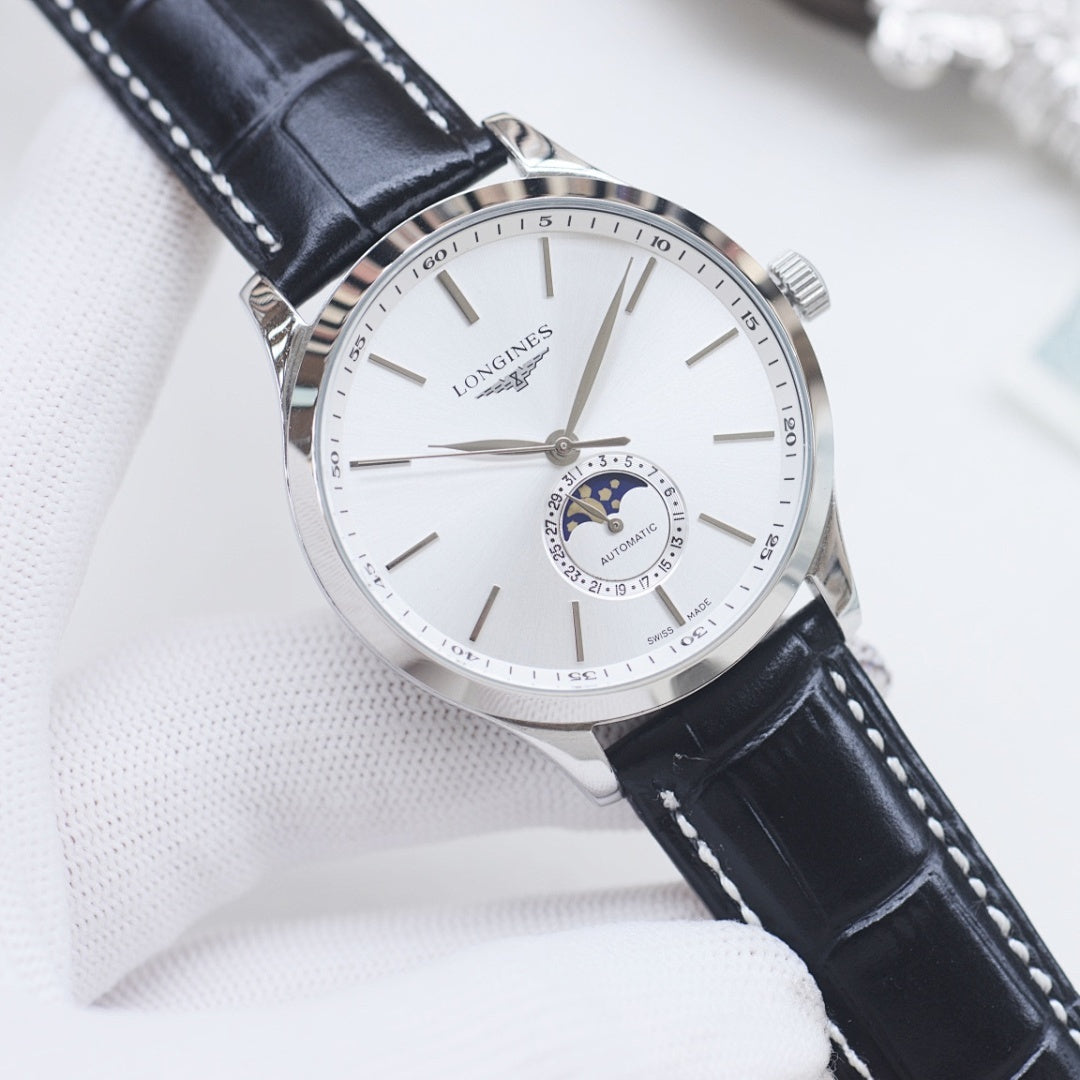 Longines watch with white dial, silver case, and black leather strap with stitching