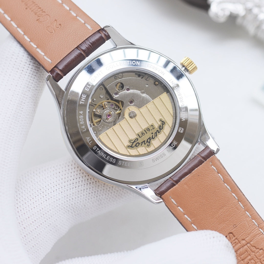 Longines watch with exposed mechanism caseback and brown leather strap