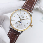 Longines watch with white dial, gold-tone case, and brown leather strap