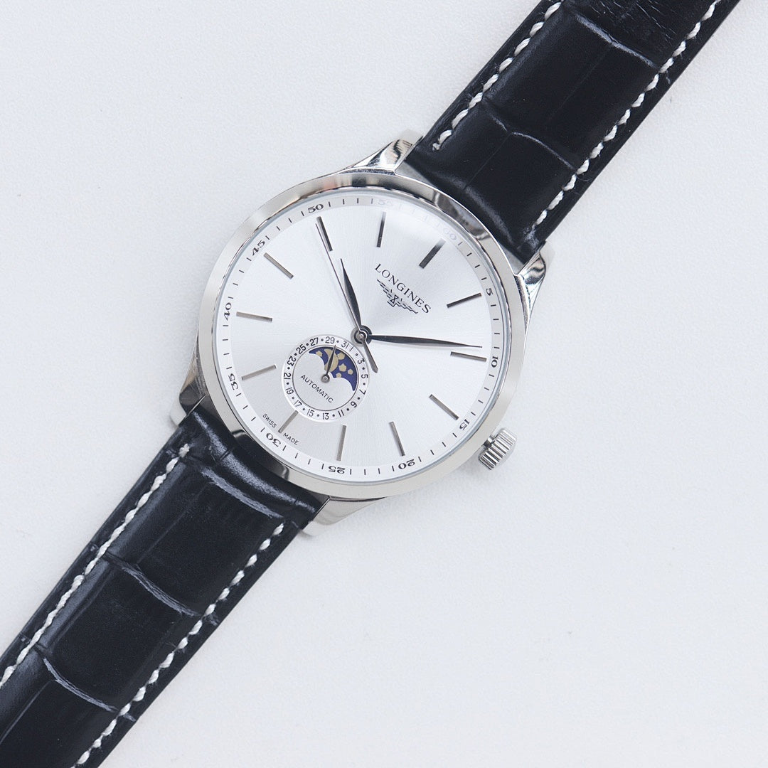 Longines watch with white dial, silver case, and black leather strap