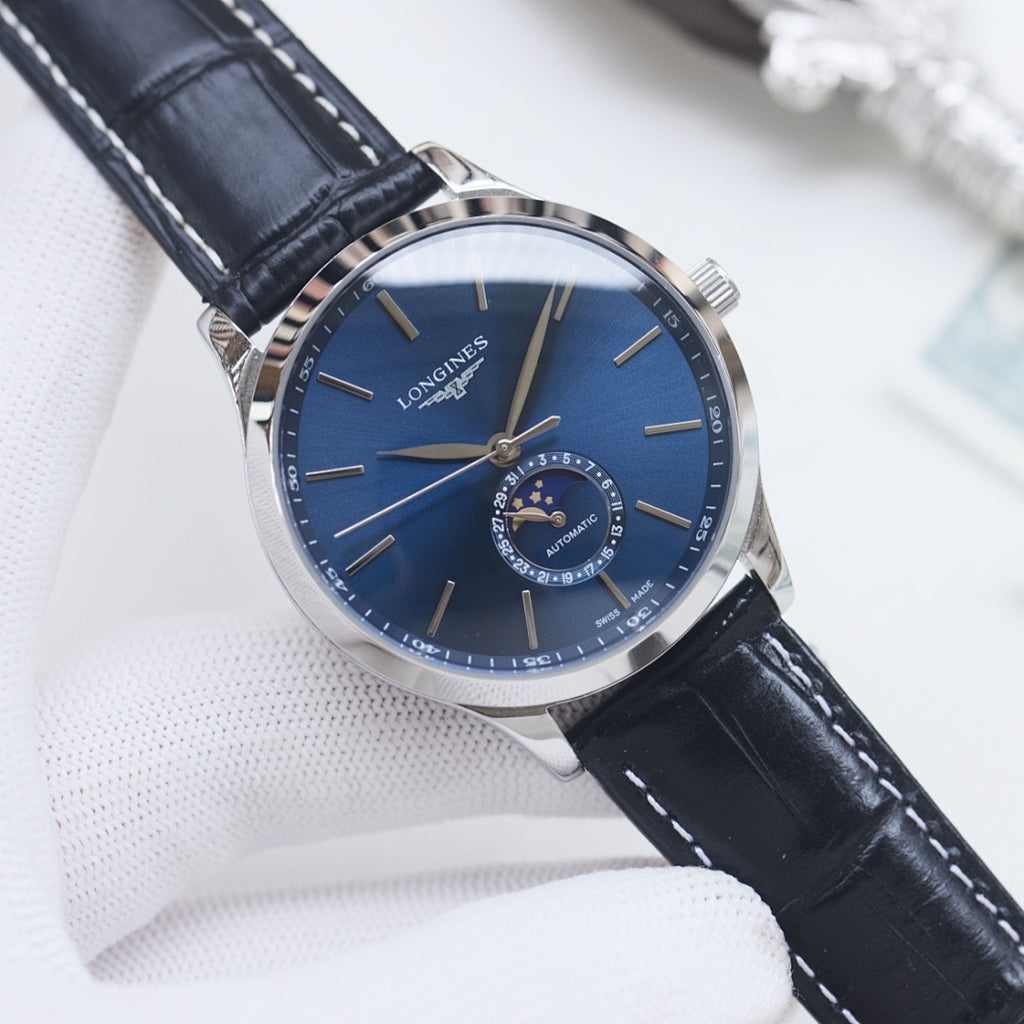 Longines watch with dark blue dial, silver case, and black leather strap