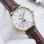 Longines watch with white dial, gold-tone bezel, and brown leather strap
