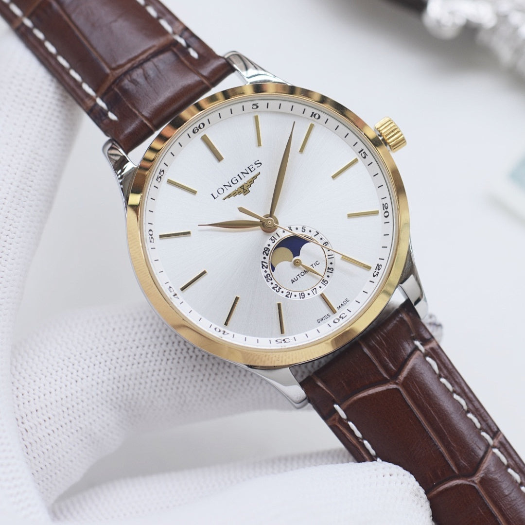 Longines watch with white dial, gold-tone bezel, and brown leather strap