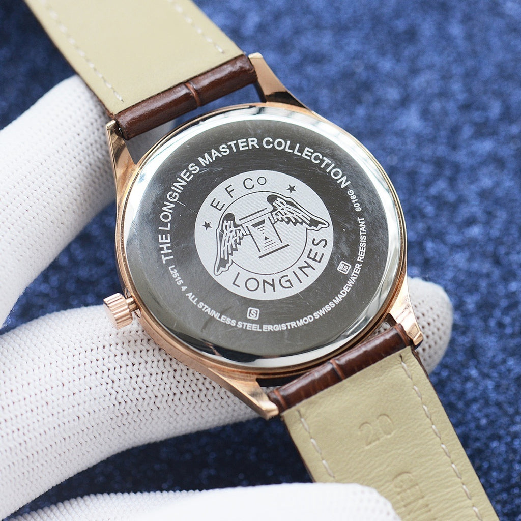 Longines watch caseback with “MASTER COLLECTION” text and brown leather strap