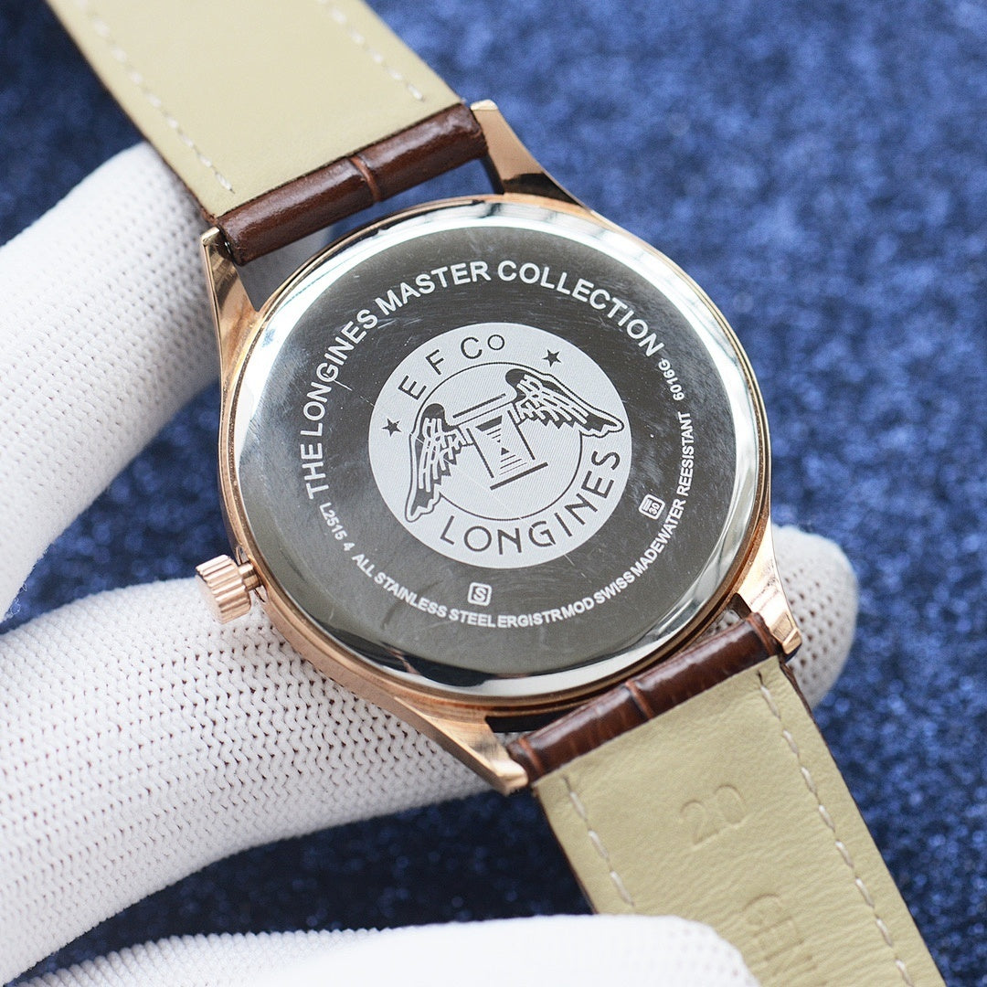 Longines watch caseback with “MASTER COLLECTION” text and brown leather strap