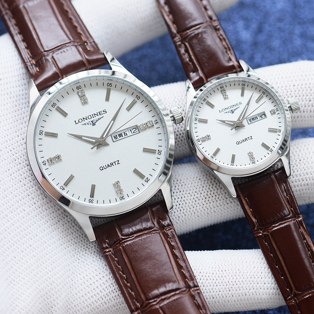 Longines quartz watch pair with white dials and brown leather straps