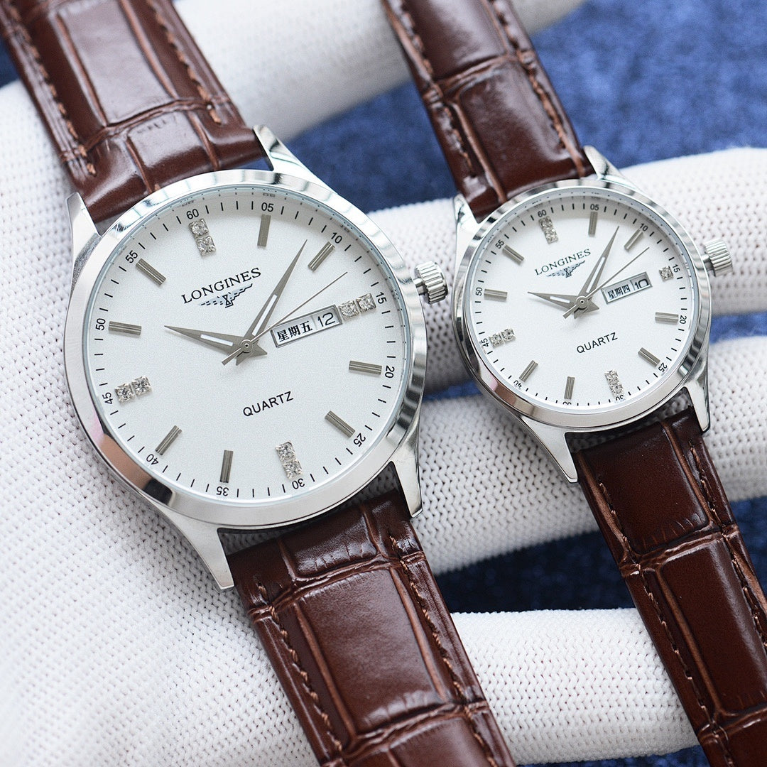 Longines quartz watch pair with white dials and brown leather straps
