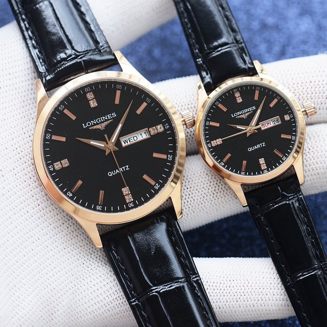 Longines quartz watches with black dials and black leather straps