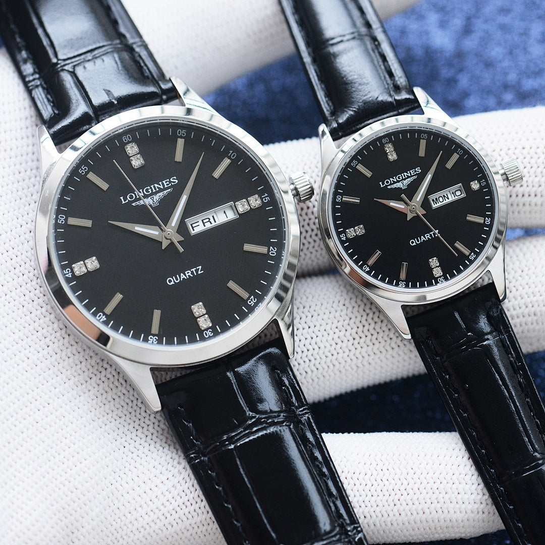 Longines quartz watch pair with black dials and glossy black leather straps
