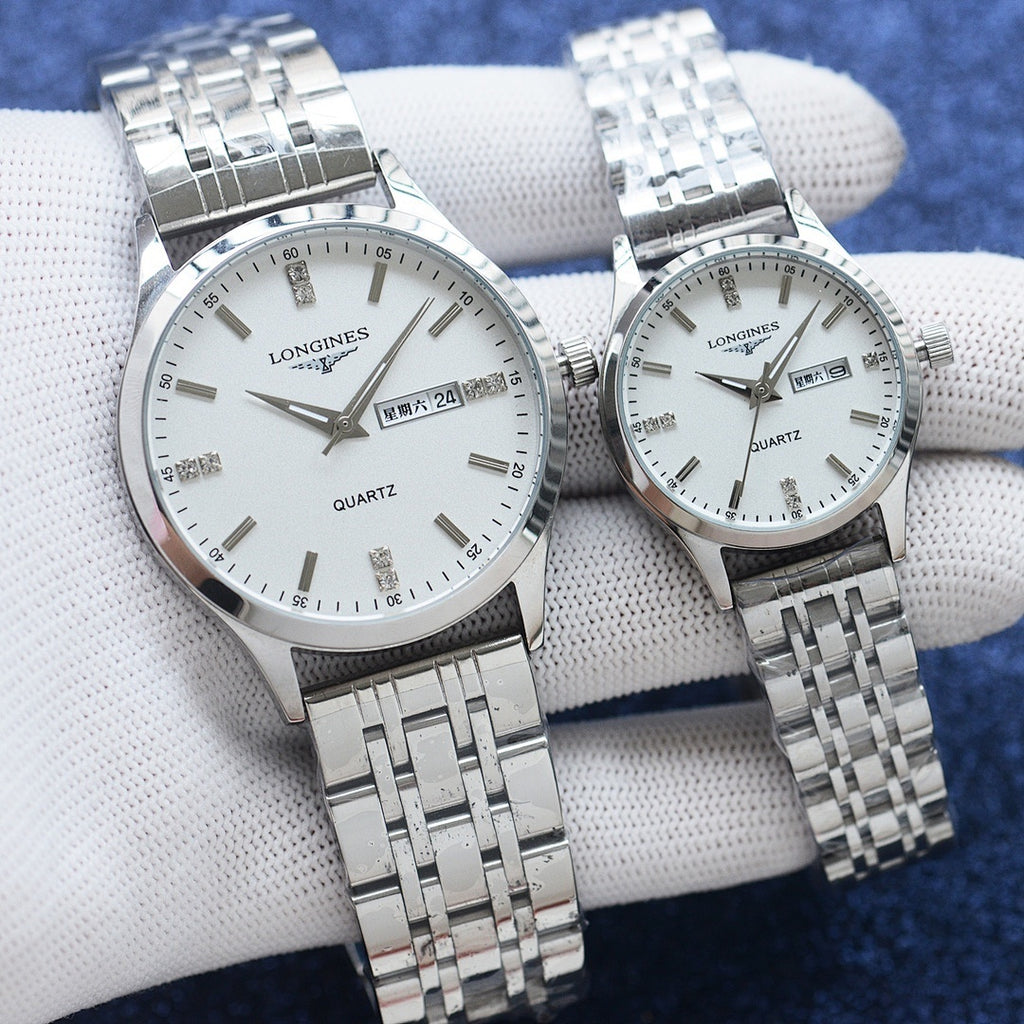 Longines stainless-steel quartz watch with silver dial and metal bracelet strap