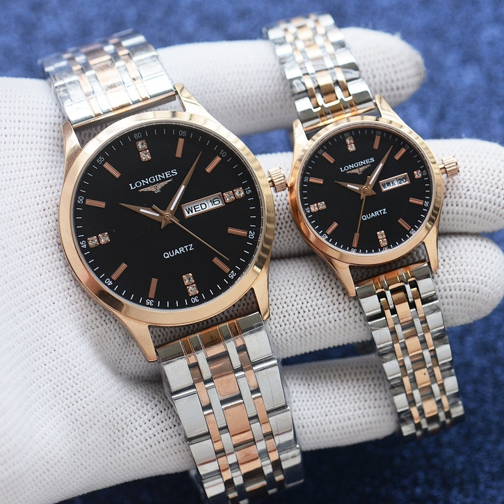 Longines two-tone quartz watch pair with dark dials and metal bracelet straps