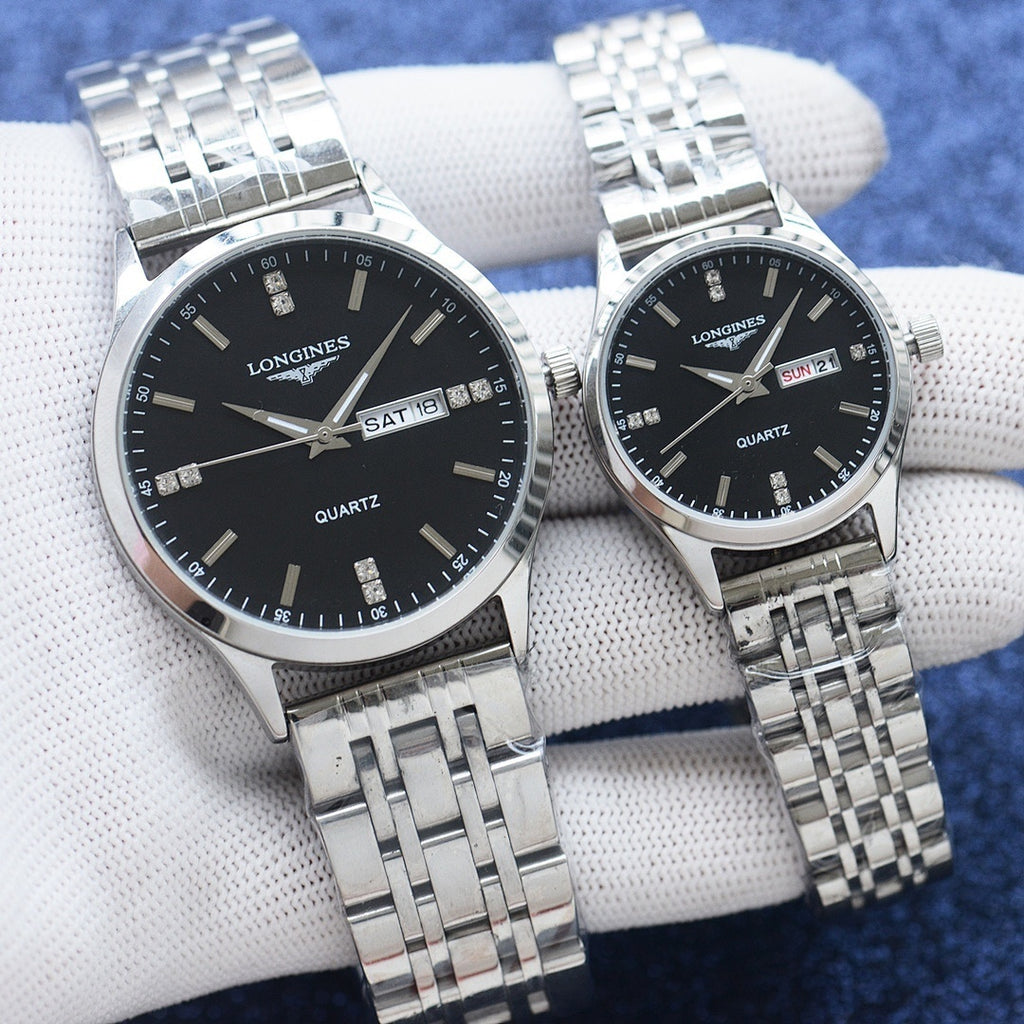 Longines stainless-steel quartz watch with black dial and metal bracelet strap