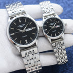 Longines stainless-steel quartz watch with black dial and metal bracelet strap