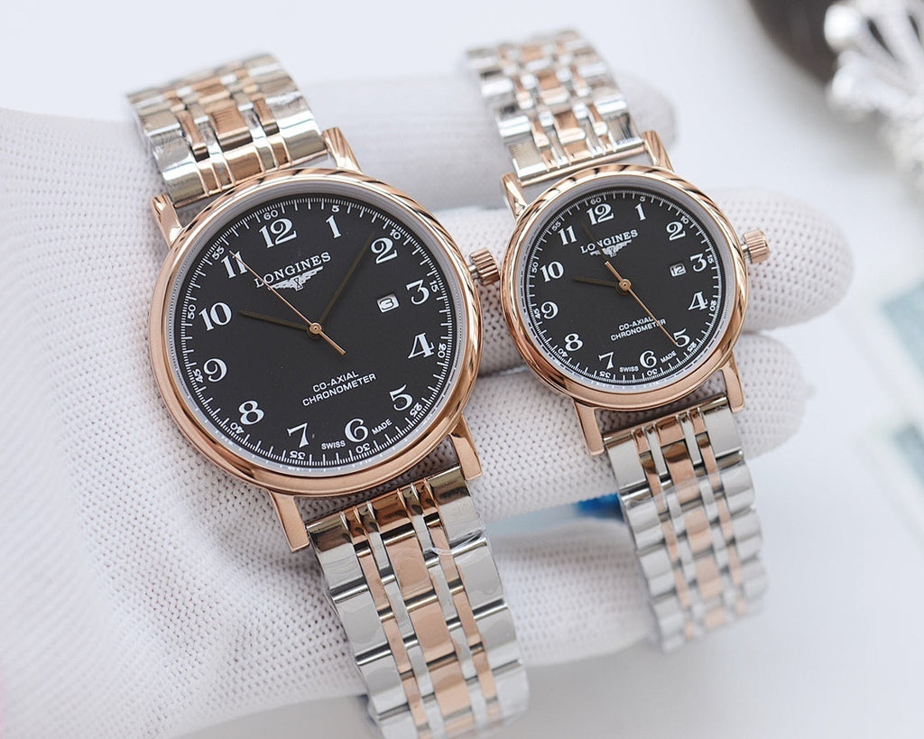 Pair of rose-gold and steel watches with black dials and linked bracelet straps