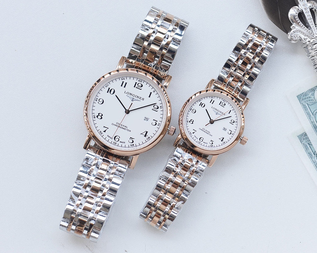 Pair of metal bracelet watches with white dials and rose-gold cases