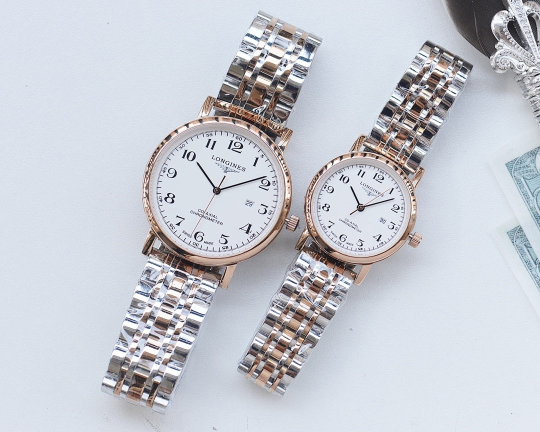 Pair of metal bracelet watches with white dials and rose-gold cases